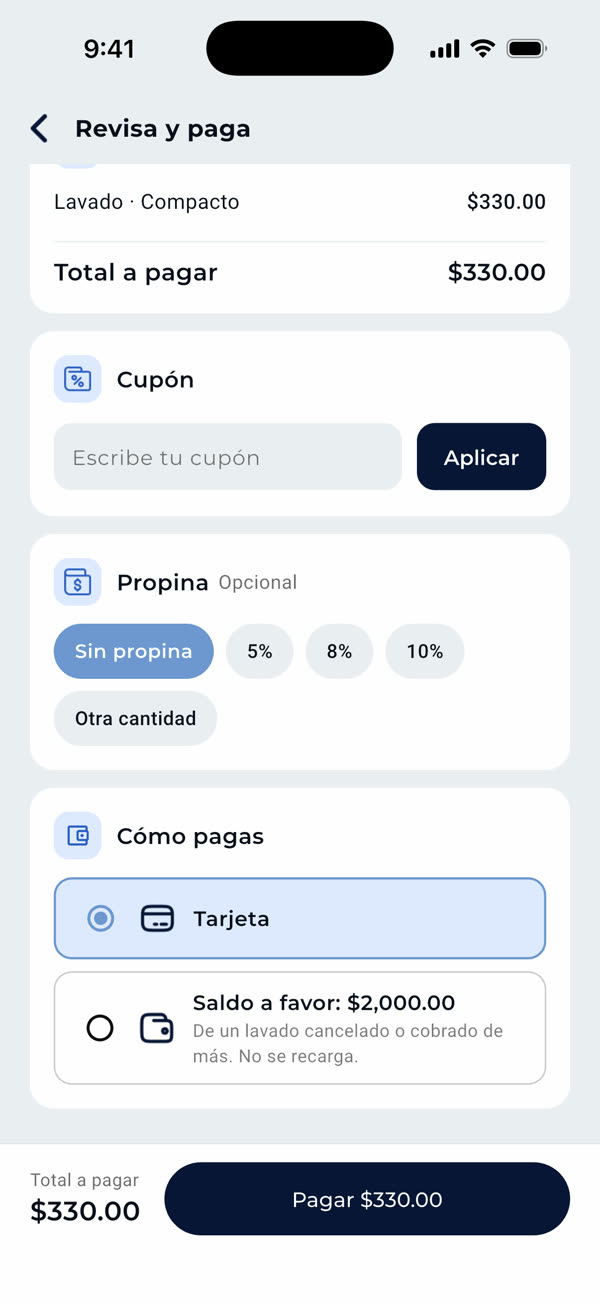Pantalla para revisar y pagar el lavado